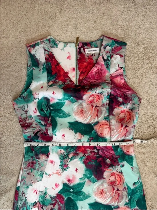 Calvin Klein Mint Green Floral Midi Dress with Pink Roses sz 8 - Picture 6 of 12